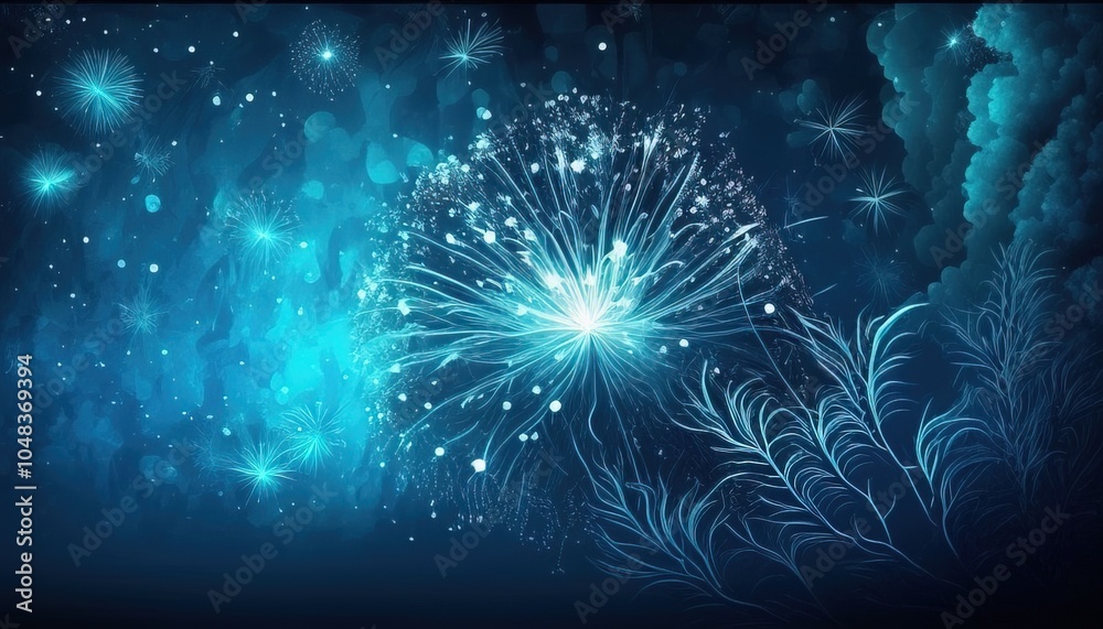 Fototapeta premium Midnight Sky Illuminated by Blue Fireworks Over a Serene Lake