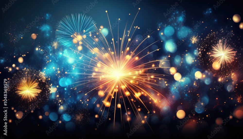 Naklejka premium Midnight Sky Illuminated by Blue Fireworks Over a Serene Lake