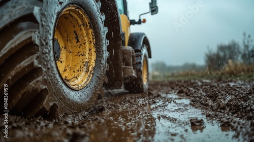 Close-up view of tractor tire in muddy road with rain droplets