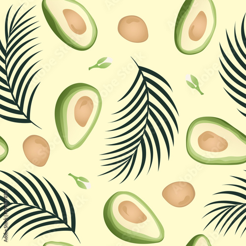 Seamless pattern with hand drawn tropical palm leaves and avocado slice on eyllow background. photo