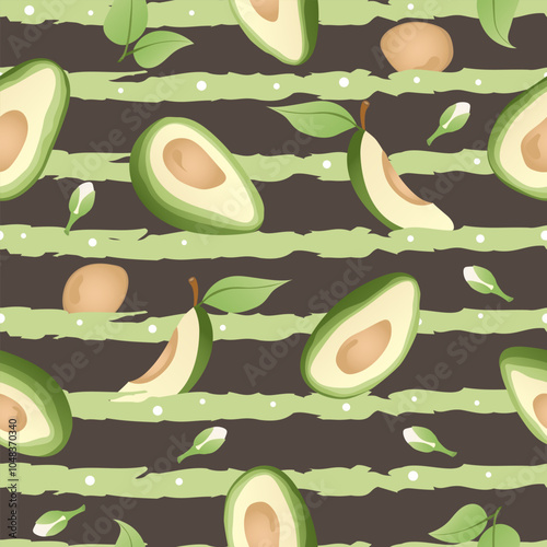 Seamless pattern with hand drawn green avocado halves on striped background. Fresh organic vegetable, healthy, vegan, raw food.