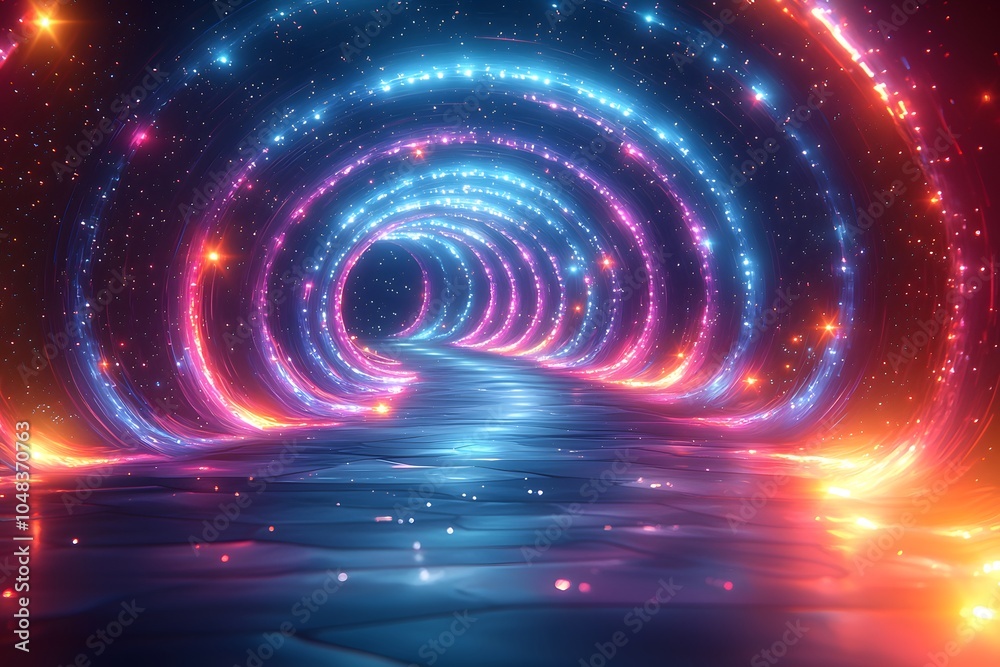 Obraz premium Vibrant neon tunnel with futuristic lights and glowing pathway