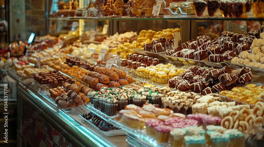 Sweets Display: A visually appealing display of various confections, including pastries, in a shop Sweets Display: A visually appealing display of various confections, including pastries, in a shop