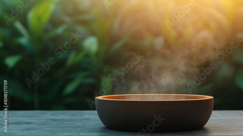 A steaming bowl sits elegantly against a backdrop of lush greenery, evoking warmth and comfort in a serene setting.