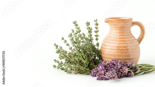 A rustic ceramic jug beside fresh lavender and thyme, showcasing the beauty of herbs and natural decor. photo