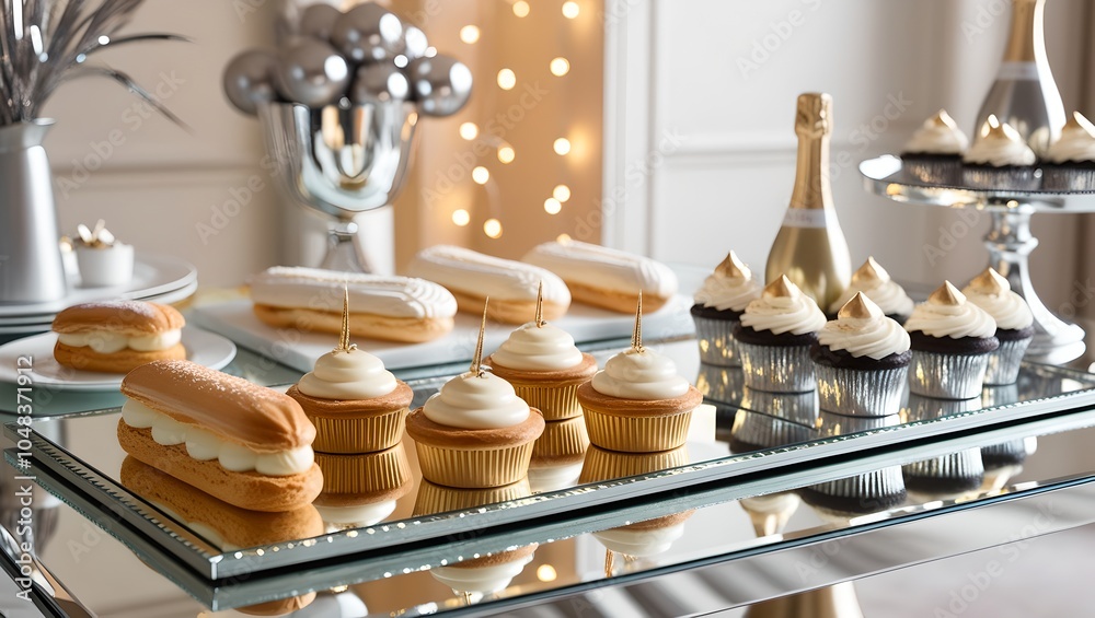 Fototapeta premium A modern indoor dessert table featuring éclairs, panna cotta, and champagne cupcakes, with fairy lights and upscale New Year's decor, capturing the holiday’s elegance in sharp detail.