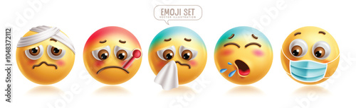 Emoji sick 3d emoticon characters vector set. Emoticons character with cough, colds, illness, sickness, fever, sneezing and flu facial expressions graphic elements collection. Vector illustrations 