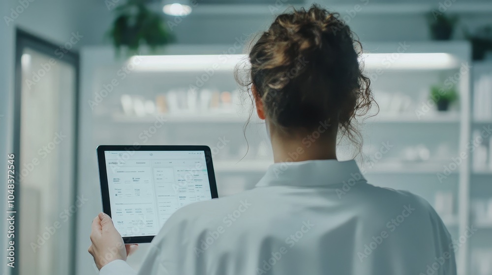 Female Professional Reviewing Digital Documents on Tablet Female Professional Reviewing Digital Documents on Tablet