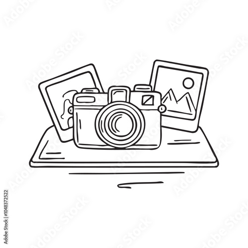 A vintage camera on a desk with photos