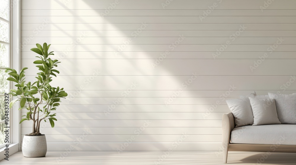 Fototapeta premium A modern wooden plank wall painted in a soft white, with horizontal lines creating a serene and neutral backdrop for interior design or product placement. 