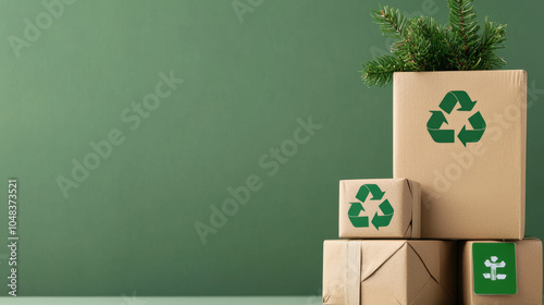 Eco friendly gifts in green themed packaging showcase sustainability and care for environment. recycled boxes symbolize commitment to eco conscious choices