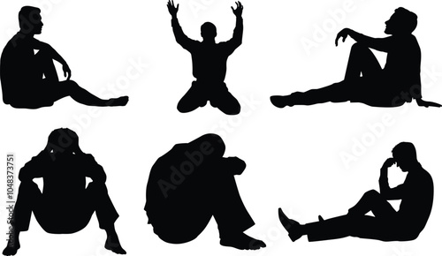 Set of man praying God and man depression with sitting silhouette vector illustration