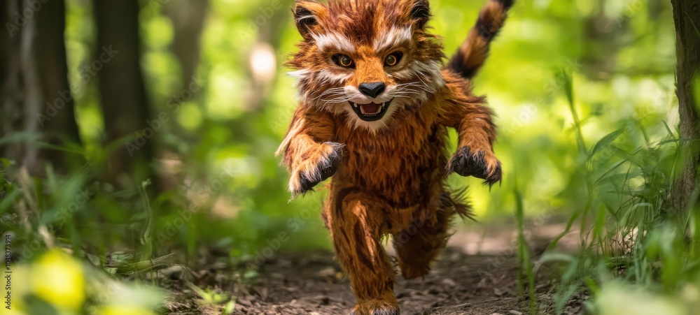 Obraz premium A playful creature runs energetically through the lush forest, bringing a sense of wonder. Quadrober youth subculture concept