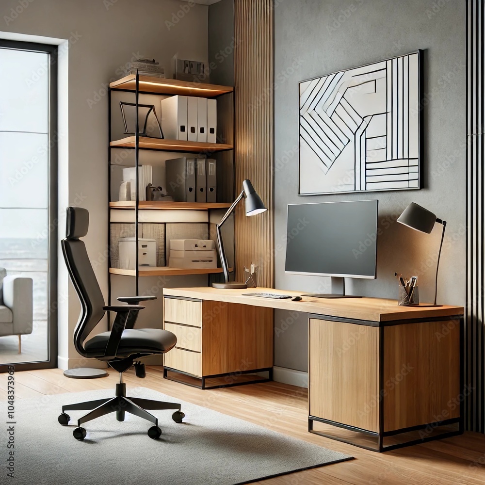 A modern home office with a sleek and minimalist design. The room ...