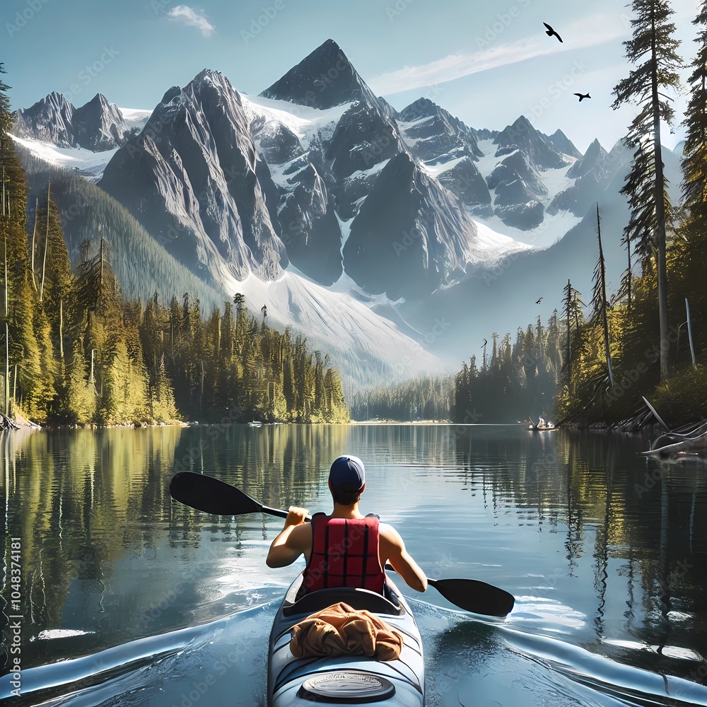 A peaceful adventure scene featuring a kayaker paddling through a calm lake surrounded by towering mountains and dense forests A peaceful adventure scene featuring a kayaker paddling through a calm lake surrounded by towering mountains and dense forests