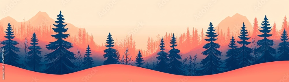 Fototapeta premium A serene forest silhouette against a pastel sky, showcasing tranquil nature and atmospheric beauty. Ideal for relaxation and peace.