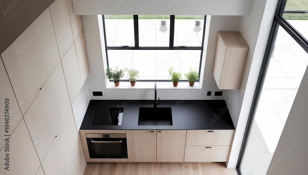 Minimalist Kitchen With Black Countertops And Herb Plants By Window Minimalist Kitchen With Black Countertops And Herb Plants By Window