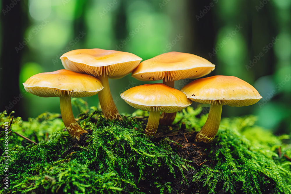 Close-up of wild mushrooms growing on a forest floor covered in moss Close-up of wild mushrooms growing on a forest floor covered in moss