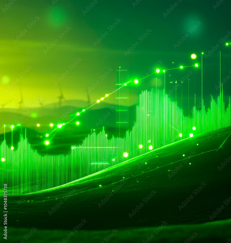 Naklejka premium Green glowing chart illuminated by bright data points, set against a blurred green landscape with wind turbines