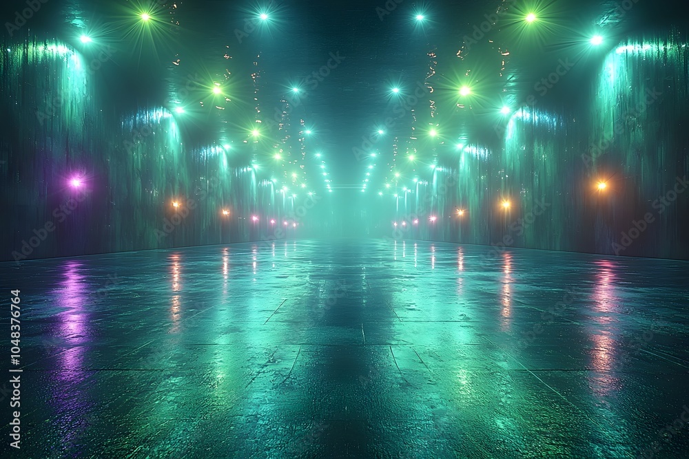 Futuristic neon lit tunnel with reflective floor and vibrant colors