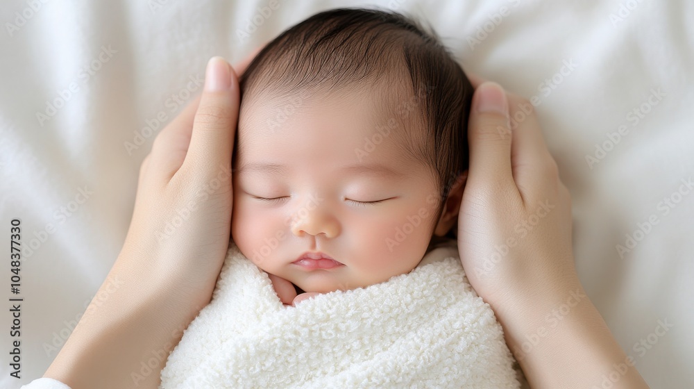Tender hands embrace a peacefully sleeping newborn, wrapped in a soft blanket, embodying warmth and love. Tender hands embrace a peacefully sleeping newborn, wrapped in a soft blanket, embodying warmth and love.