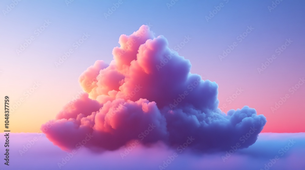 A large, fluffy cloud in the sky, illuminated by a pink and purple sunset. A large, fluffy cloud in the sky, illuminated by a pink and purple sunset.