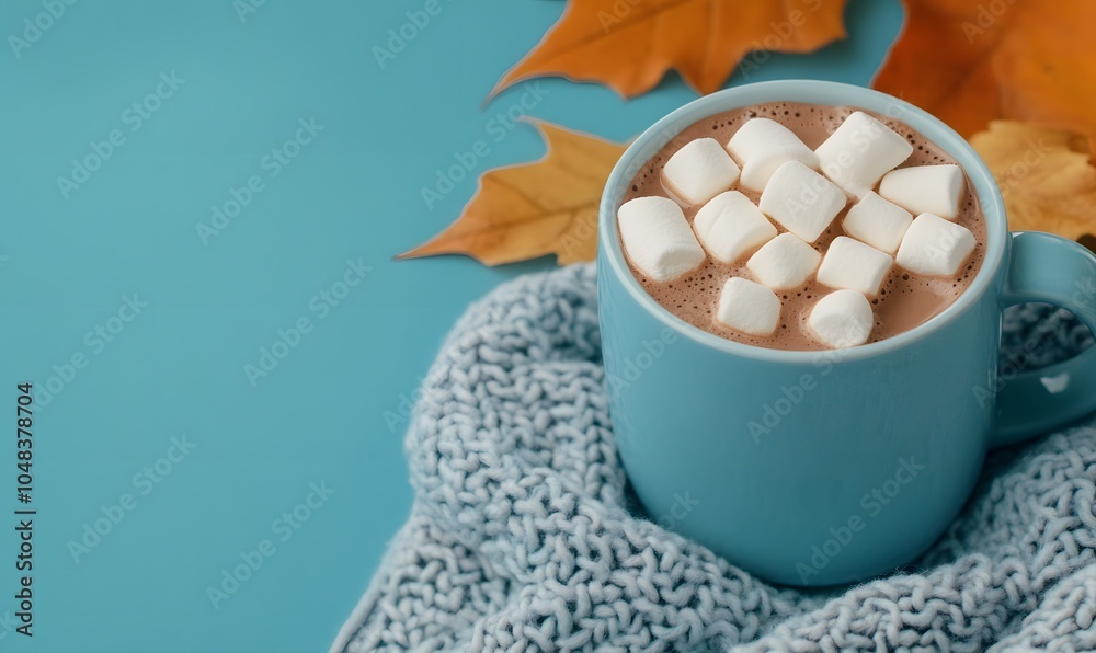 Autumn sweet hot chocolate with marshmallows in a blue mug, Generative AI Autumn sweet hot chocolate with marshmallows in a blue mug, Generative AI