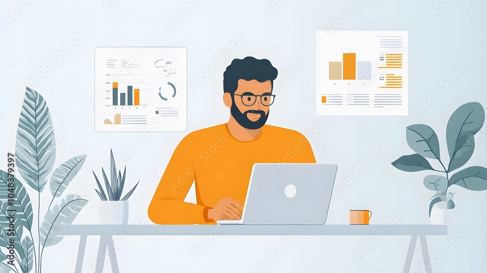 Entrepreneur checking business analytics on a laptop in a bright, minimalist office Entrepreneur checking business analytics on a laptop in a bright, minimalist office