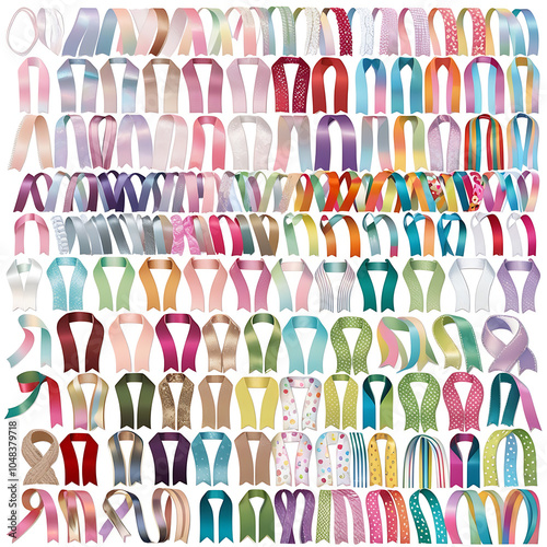 A vibrant and diverse vector set of ribbons, each with unique textures, patterns, and widths, flowing and curving in different directions.