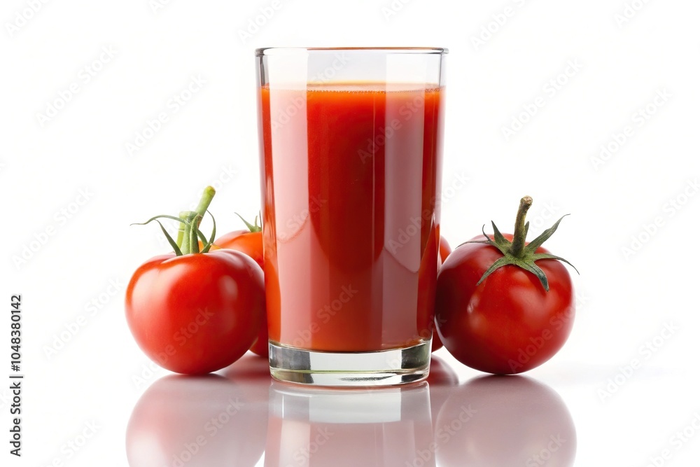 Tomato juice in glass isolated on white background, forced perspective Tomato juice in glass isolated on white background, forced perspective