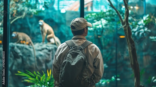 Zoo Research: A zoologist studying animal behavior at a zoo, observing animals through viewing areas