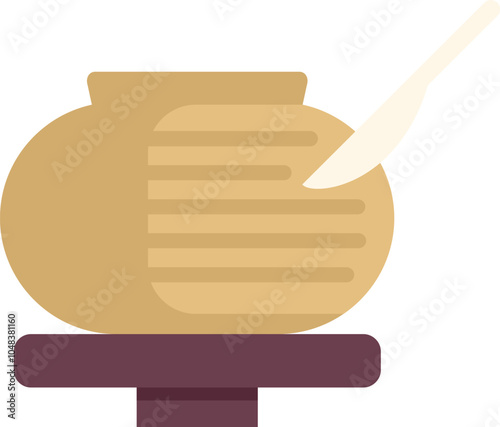 Potter is using a wooden modeling tool for smoothing a clay pot on a pottery wheel