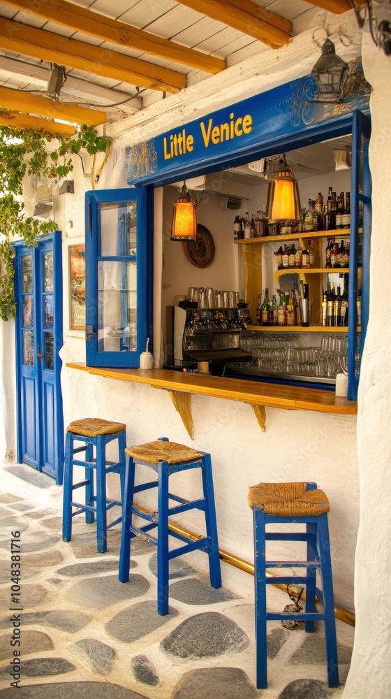 Fototapeta premium Relaxing Summer Days at Little Venice Bars in Mykonos, Greece With Picturesque Coastal Views. Generative AI