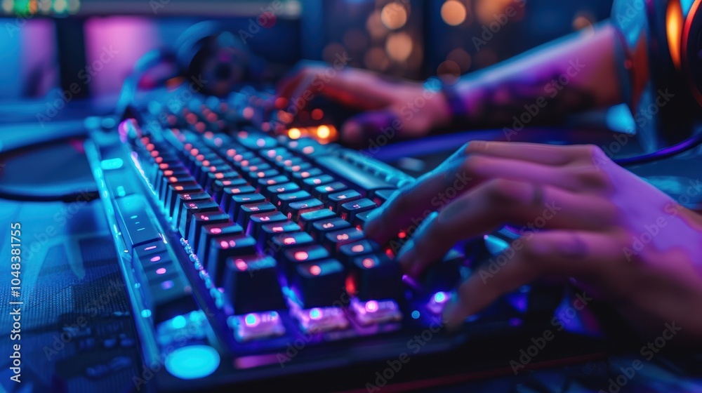 Close-up of Hands Typing on a Vibrant RGB Illuminated Gaming Keyboard Close-up of Hands Typing on a Vibrant RGB Illuminated Gaming Keyboard