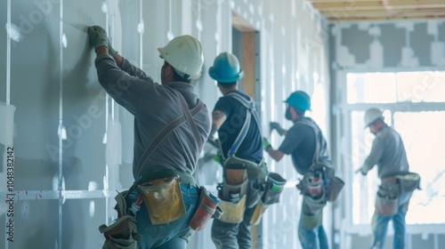 A team of construction workers hanging new drywall in a previously empty space. photo