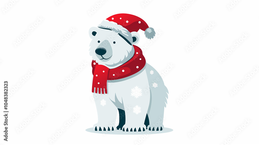 Polar Bear in Santa Hat and Scarf for Winter
