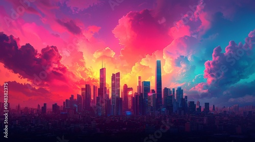 A vibrant city skyline at sunset, featuring colorful clouds and skyscrapers, creating a stunning urban landscape.