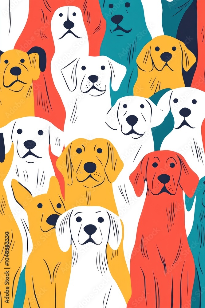 Obraz premium Minimalistic Full-Page Illustration of Dogs Gathering and Staring at Viewer with Colorful Background