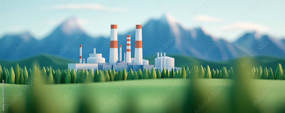 Fototapeta premium Modern oil refinery surrounded by green fields, balance between nature and industry, ecofriendly processing concept