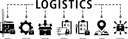 Logistics web icon vector illustration concept with icon of (planning,management,packaging,transport,inventory,tracking,distribution)