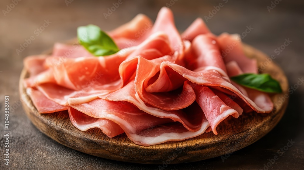 Prosciutto slices displayed with basil leaves on a wooden platter. Perfect for showcasing culinary artistry and the fusion of flavors in high-quality ingredients. Prosciutto slices displayed with basil leaves on a wooden platter. Perfect for showcasing culinary artistry and the fusion of flavors in high-quality ingredients.