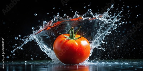 Tomato splashing in water on black background low angle view
