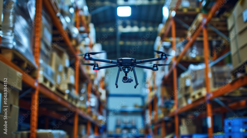 Drone Flying Through Warehouse Aisle Drone Flying Through Warehouse Aisle