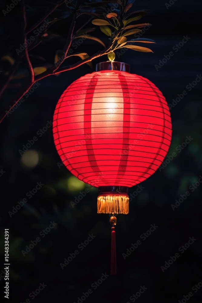 Fototapeta premium Chinese Red Lantern Glowing Brightly at Night Against Dark Backdrop Symbolizing Happiness During Chinese New Year Celebration