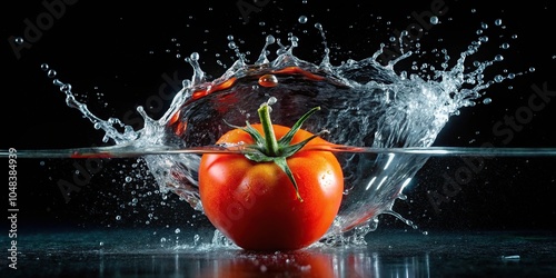 Tomato splash in water on black background
