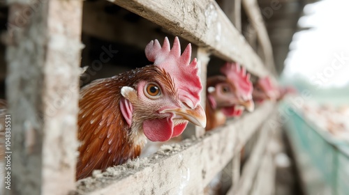 Chickens are pictured peering through wooden slats of a farm, exhibiting an inquisitive look amidst the rustic setting, symbolizing agricultural life and productivity. photo