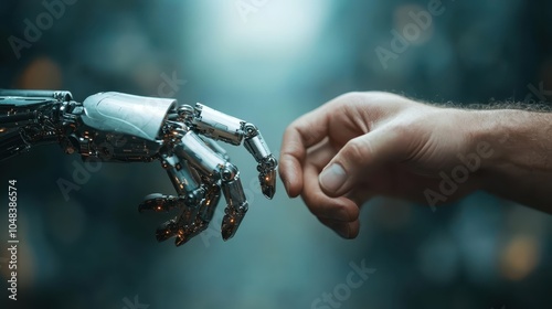 A human hand is reaching out to a metallic robot hand in a dimly lit, soft-focus background, symbolizing the meeting point between humanity and technology. photo