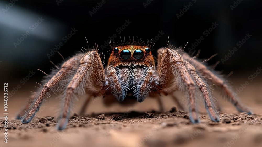 A close-up macro shot captures the fascinating details of a spider, showcasing its colorful eyes, hairs, and textured body, exuding curiosity and wonder at nature. A close-up macro shot captures the fascinating details of a spider, showcasing its colorful eyes, hairs, and textured body, exuding curiosity and wonder at nature.