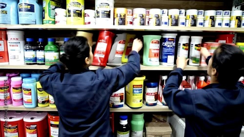 A timelapse of  workers placing items on shelf.