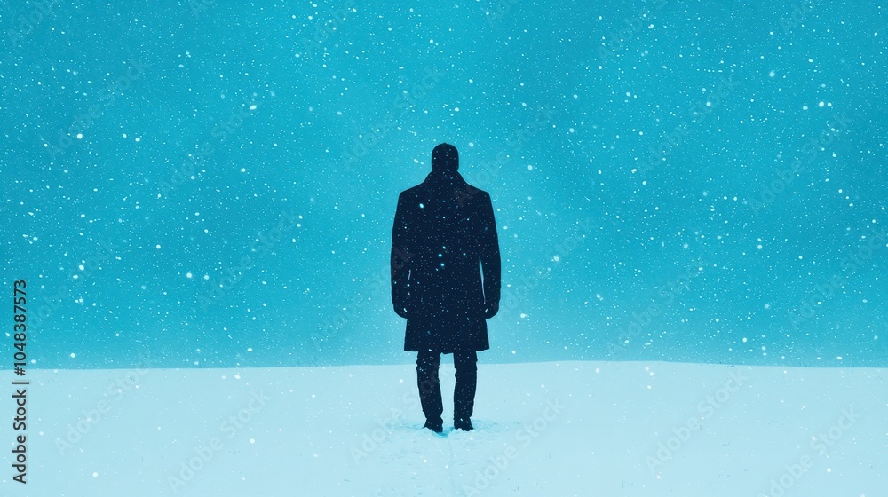 Silhouette of Man Standing in Snowstorm  Winter Landscape  Blue Sky